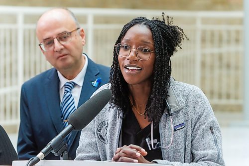 MIKE DEAL / FREE PRESS
Tobi Morakinyo, a resident in the Certification in the College of Family Physicians of Canada – Emergency Medicine (CCFP-EM) training program, speaks during the announcement.
Health, Seniors and Long-Term Care Minister Uzoma Asagwara announces that the provincial government has expanded emergency medicine focused residency training at the University of Manitoba, increasing the number of annual training seats to 17 from 11, during a press conference Wednesday morning at the Brodie Science Centre, University of Manitoba, 727 McDermot Avenue.
reporter: Carol Sanders
260916 - Wednesday, September 16, 2026.