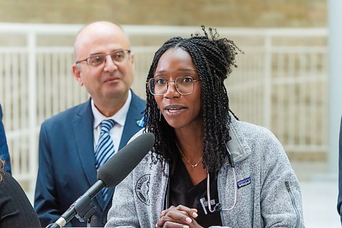 MIKE DEAL / FREE PRESS
Tobi Morakinyo, a resident in the Certification in the College of Family Physicians of Canada – Emergency Medicine (CCFP-EM) training program, speaks during the announcement.
Health, Seniors and Long-Term Care Minister Uzoma Asagwara announces that the provincial government has expanded emergency medicine focused residency training at the University of Manitoba, increasing the number of annual training seats to 17 from 11, during a press conference Wednesday morning at the Brodie Science Centre, University of Manitoba, 727 McDermot Avenue.
reporter: Carol Sanders
260916 - Wednesday, September 16, 2026.