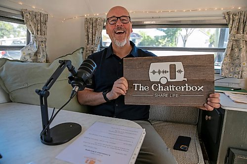 BROOK JONES/FREE PRESS
David Balzer, 60, has converted his Triple E Surfside camper trailer called Chatter Box into a mobile recording studio in which he records people's stories of gratitude and belonging. The associate professor of communications and media at Canadian Mennonite University was at the Elim Mennonite Church in Grunthal, Man., to record stories from varous church members on Sunday, Sept. 13, 2026.