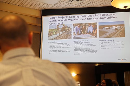 A list of major projects upcoming in the area of CFB Shilo is shown during a powerpoint for contractors at the Victoria Inn and Suites on Sept. 17. (Connor McDowell/The Brandon Sun)