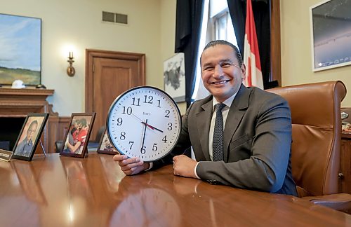 Ruth Bonneville / Free Press
Local Permanent Daylight Saving Time
Fun photo of Premier Wab Kinew with a clock in his hands at the Legislative Building Thursday. For story on how Manitoba Will Move to Permanent Daylight Saving Time.
After listening to the views of Manitobans on seasonal time changes, the Manitoba government has decided to remain on daylight saving time (DST) permanently, Premier Wab Kinew announced today.
Sept 17th, 2026