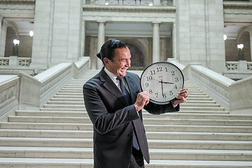 Ruth Bonneville / Free Press

Local Permanent Daylight Saving Time

Fun photo of Premier Wab Kinew with a clock in his hands at the Legislative Building Thursday.  For story on how Manitoba Will Move to Permanent Daylight Saving Time.

After listening to the views of Manitobans on seasonal time changes, the Manitoba government has decided to remain on daylight saving time (DST) permanently, Premier Wab Kinew announced today.


Sept 17th,   2026