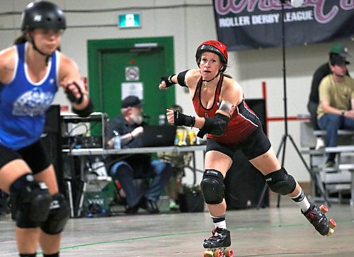 Scarlet Fever jammer Jane Valjane (Sarah Jane Maynard) is shown in action against FM Roller Derby at CFB Shilo’s L-25 building on Saturday evening. Maynard took up the sport about a decade ago. (Perry Bergson/The Brandon Sun)
Sept. 19, 2026
