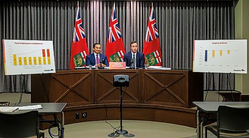 MIKE DEAL / FREE PRESS
Premier Wab Kinew and Finance Minister Adrien Sala announce that the province is on track to balance the budget next year after cutting the deficit in half since the third quarter update as they release the 2025-26 audited public accounts on Monday during a press conference at the Manitoba Legislative Building.
260921 - Monday, September 21, 2026.