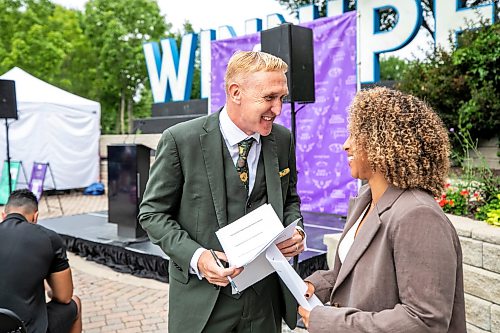 MIKAELA MACKENZIE / FREE PRESS
Team co-founders Rob Gale and Desiree Scott at the official announcement of the Northern Super Leagueճ expansion to Winnipeg on Tuesday, July 14, 2026.
For Gabby story.
Free Press 2026