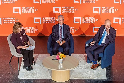 MIKE DEAL / FREE PRESS
Beverlie Stuart (left), President & CEO of Manitoba Aerospace, moderates a discussion with Dr. Michael Benarroch (centre), President and Vice-Chancellor of the University of Manitoba, and Fred Meier (right), President and CEO of RRC Polytech during the Manitoba Chambers of Commerce’s MBiz Breakfast Tuesday morning at The Metropolitan Entertainment Centre.
Manitoba Chambers of Commerce (MCC)
Reporter: Gabrielle Piche
260922 - Tuesday, September 22, 2026.