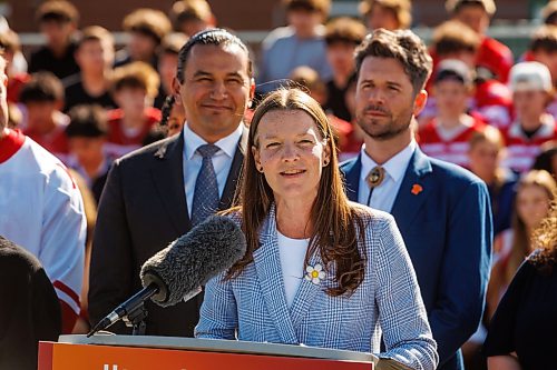 MIKE DEAL / FREE PRESS
Education and Early Childhood Learning Minister Tracy Schmidt, speaks during the event.
Premier Wab Kinew along with Education and Early Childhood Learning Minister Tracy Schmidt, Innovation and New Technology Minister Mike Moroz, and Bruce Sirrell, athletic director, Kelvin High School, hold a press conference in front of many of the students at Kelvin High School to celebrate the groundbreaking of the construction of the new gymnasium and outdoor track.
Reporters: Chris Kitching and Maggie Macintosh
260922 - Tuesday, September 22, 2026.