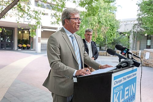 Ruth Bonneville / Free Press
Local Klein and Mayes
Kevin Klein speaks to the media after filing his Nomination Papers at City Hall Tuesday.
Brian Mayes, City Councillor for the St. Vital, spoke to the media at Klein’s podium about his opposition to changes that City Council was tabling regarding the sub-contracting of transit drivers which would reduce their wages, during presser.
See Joyanna’s story
Sept 22nd 2026