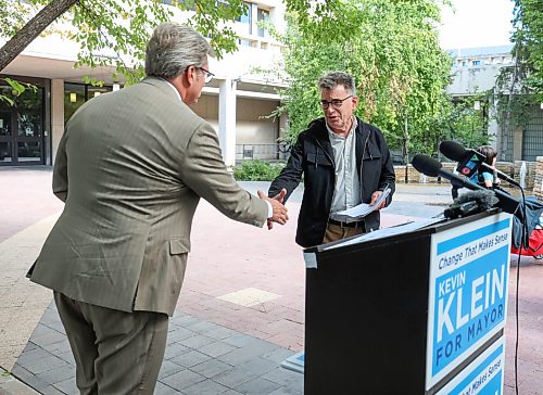 Ruth Bonneville / Free Press
Local Klein and Mayes
Kevin Klein shakes councillor Mayes hand before Mayes speaks to the media at City Hall Tuesday.
Brian Mayes, City Councillor for the St. Vital, spoke to the media at Klein’s podium, about his opposition to changes that City Council was tabling regarding the sub-contracting of transit drivers which would reduce their wages, during presser.
See Joyanna’s story
Sept 22nd 2026