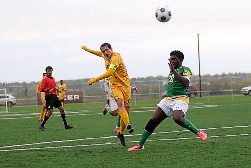 Brandon University Bobcats Matheus Ruffini fires a shot against the Assiniboine College Cougars during their MCAC men's soccer game on Wednesday. (Thomas Friesen/The Brandon Sun)