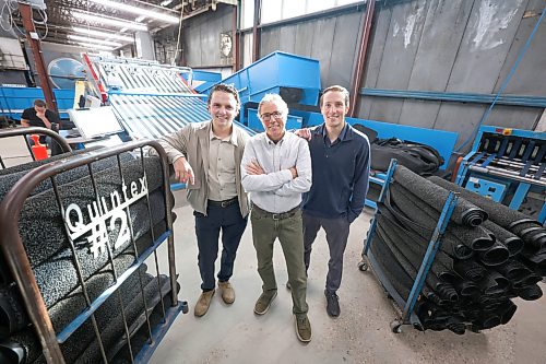 Ruth Bonneville / Free Press

Local Quintex Services

Group photo of family business leaders, in front of their new matt processing area for their new acquisition of Mat Master.  

Names   David Quinton President/owner (The dad) with his two sons Mackie Quinton
Co-CEO - left 
and Brodie Quinton
Co-CEO  (Dark blue long sleeve shirt, grey pants)

Story on  Quintex Services, a Manitoba-owned family business founded in 1911.  Interviewing  the co-CEO and the president about the company's recent acquisition of Mat Master, another long-standing local Manitoba company. 

Story by Aaron

Sept 23rd    2026