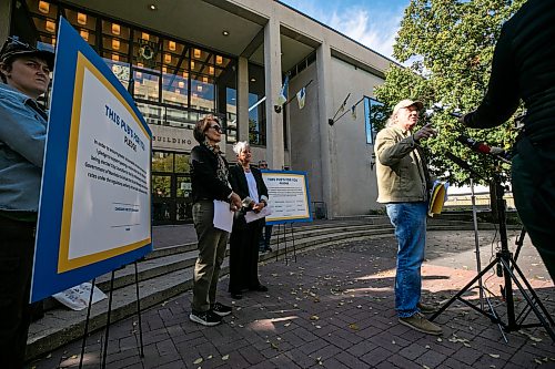 MIKAELA MACKENZIE / FREE PRESS
	
Tom Simms, member of the Manitoba Seniors Equity Action Coalition, speaks at a PUBճ For You Pledge press conference at city hall on Wednesday, Sept. 23, 2026.

For Joyanne story.
Free Press 2026