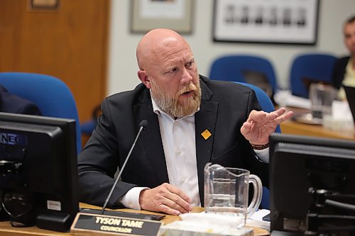 Brandon Coun. Tyson Tame (Ward 10) speaks at a city council meeting on Monday. (Alex Lambert/The Brandon Sun)