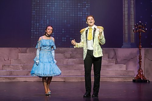 Maia Placatka and Cash Laluk with the cast of Vincent Massey High School’s production of the musical Once Upon A One More Time perform a scene during the dress rehearsal at the Western Manitoba Centennial Auditorium on Wednesday, Nov. 19. (Tim Smith/The Brandon Sun)