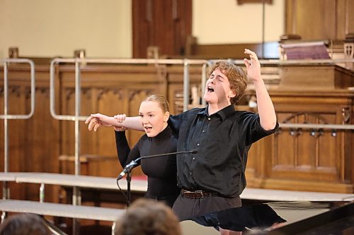 Vincent Massey High School student Cash Laluk (right) and his sister, Annika, who is a Neelin student, perform the "You and Me (But Mostly Me)" stage dance. The Laluks both won the Burr Family Stage Dance Scholarship II at the Brandon Festival of the Arts. (Abiola Odutola/The Brandon Sun)