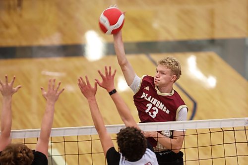 25092026
Edwin Jager (13) of the Crocus Plainsmen puts the ball over the net during the Plainsmen’s match against the Mennonite Brethren Hawks in the Brandon University high school boys’ volleyball tournament at the Brandon University Healthy Living Centre on Friday. 
(Tim Smith/The Brandon Sun)