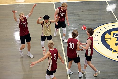 25092026
The Crocus Plainsmen celebrate a point during the Plainsmen’s match against the Mennonite Brethren Hawks in the Brandon University high school boys’ volleyball tournament at the Brandon University Healthy Living Centre on Friday. 
(Tim Smith/The Brandon Sun)