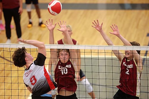 25092026
Andrew Whetter (10) and Myles Sobchuk (2) of the Crocus Plainsmen leap to block the ball during the Plainsmen’s match against the Mennonite Brethren Hawks in the Brandon University high school boys’ volleyball tournament at the Brandon University Healthy Living Centre on Friday. 
(Tim Smith/The Brandon Sun)