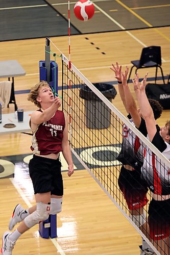 25092026
Karter Callahan (11) of the Crocus Plainsmen puts the ball over the net during the Plainsmen’s match against the Mennonite Brethren Hawks in the Brandon University high school boys’ volleyball tournament at the Brandon University Healthy Living Centre on Friday. 
(Tim Smith/The Brandon Sun)