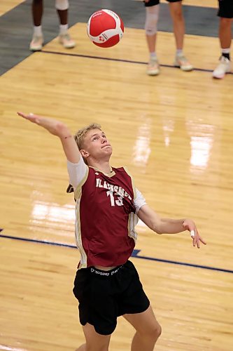 25092026
Edwin Jager (13) of the Crocus Plainsmen leaps to serve the ball during the Plainsmen’s match against the Mennonite Brethren Hawks in the Brandon University high school boys’ volleyball tournament at the Brandon University Healthy Living Centre on Friday. 
(Tim Smith/The Brandon Sun)