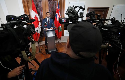 JOHN WOODS / FREE PRESS
Obby Khan, leader of the Manitoba PC opposition party, announces his resignation as leader and member of the PC party in his legislature office Winnipeg, Monday, September 28, 2026.
reporter: carol