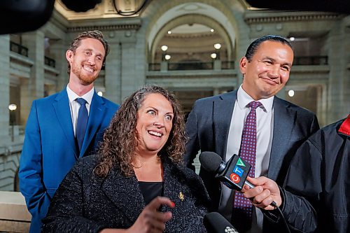 MIKE DEAL / FREE PRESS
Premier Wab Kinew and newly minted ministers responsible for first responder initiatives, David Pankratz, and accessibility, Carla Compton, scrum with the media.
Premier Wab Kinew expands cabinet with two new ministerial responsibilities focused on key priorities of first responders and accessibility during a swearing in ceremony at the Manitoba Legislative building Monday afternoon.
Carla Compton, MLA for Tuxedo and a registered nurse, will serve as minister responsible for accessibility.
David Pankratz, MLA for Waverley and a former firefighter, will serve as minister responsible for first responder initiatives.
Reporter: Nicole Buffie
260928 - Monday, September 28, 2026.