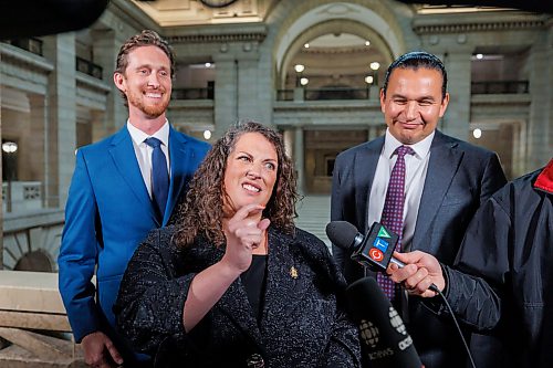 MIKE DEAL / FREE PRESS
Premier Wab Kinew and newly minted ministers responsible for first responder initiatives, David Pankratz, and accessibility, Carla Compton, scrum with the media.
Premier Wab Kinew expands cabinet with two new ministerial responsibilities focused on key priorities of first responders and accessibility during a swearing in ceremony at the Manitoba Legislative building Monday afternoon.
Carla Compton, MLA for Tuxedo and a registered nurse, will serve as minister responsible for accessibility.
David Pankratz, MLA for Waverley and a former firefighter, will serve as minister responsible for first responder initiatives.
Reporter: Nicole Buffie
260928 - Monday, September 28, 2026.