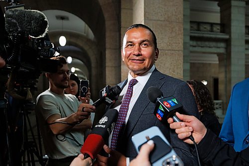 MIKE DEAL / FREE PRESS
Premier Wab Kinew and newly minted ministers responsible for first responder initiatives, David Pankratz, and accessibility, Carla Compton, scrum with the media.
Premier Wab Kinew expands cabinet with two new ministerial responsibilities focused on key priorities of first responders and accessibility during a swearing in ceremony at the Manitoba Legislative building Monday afternoon.
Carla Compton, MLA for Tuxedo and a registered nurse, will serve as minister responsible for accessibility.
David Pankratz, MLA for Waverley and a former firefighter, will serve as minister responsible for first responder initiatives.
Reporter: Nicole Buffie
260928 - Monday, September 28, 2026.