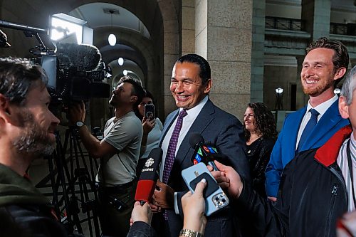 MIKE DEAL / FREE PRESS
Premier Wab Kinew and newly minted ministers responsible for first responder initiatives, David Pankratz (right), and accessibility, Carla Compton (centre), scrum with the media.
Premier Wab Kinew expands cabinet with two new ministerial responsibilities focused on key priorities of first responders and accessibility during a swearing in ceremony at the Manitoba Legislative building Monday afternoon.
Carla Compton, MLA for Tuxedo and a registered nurse, will serve as minister responsible for accessibility.
David Pankratz, MLA for Waverley and a former firefighter, will serve as minister responsible for first responder initiatives.
Reporter: Nicole Buffie
260928 - Monday, September 28, 2026.