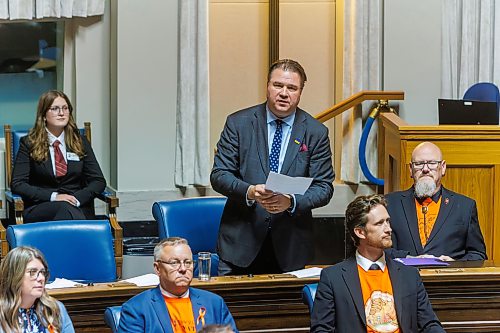 MIKE DEAL / FREE PRESS
Independent MLA Mark Wasyliw (Fort Garry) (centre) speaks while Independent MLA Bob Lagassé (Dawson Trail) (right) beside an empty seat where Independent MLA and former Leader of the PC Party, Obby Khan, will be sitting, just before Question Period in the Manitoba Legislature Tuesday afternoon.
Reporter: Carol Sanders
260929 - Tuesday, September 29, 2026.