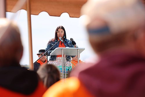 Sioux Valley Dakota Nation Chief Jennifer Bone speaks during National Day for Truth and Reconciliation events at the site of the former Brandon Residential School on Wednesday. (Tim Smith/The Brandon Sun)