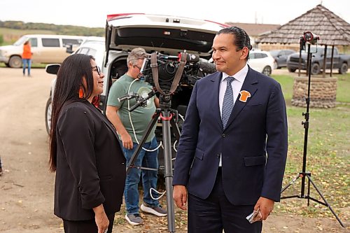 Kinew greets Sioux Valley Dakota Nation Chief Jennifer Bone at the site of the former Turtle Crossing Campground along Grand Valley Road on Tuesday. 
(Tim Smith/The Brandon Sun)