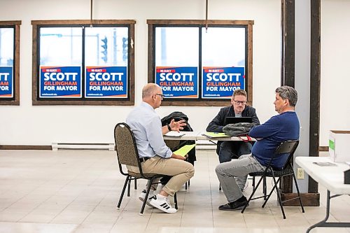 MIKAELA MACKENZIE / FREE PRESS
	
Scott Gillingham has a meeting with Colin Fast and Brian Kelcey at the campaign office on Saturday, Sept. 26, 2026.

For Malak day-in-the-life story.
Free Press 2026