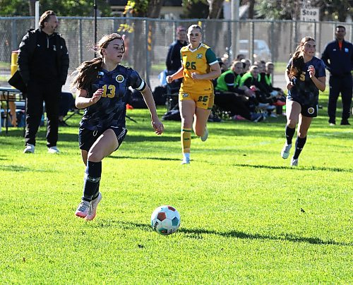 Jorja Hoad (13) of the Brandon University Bobcats races up the field as Vayda Smith (26) of Canadian Mennonite University Blazers and Hoad's teammate Laure Dizengremel (5) run behind her during Manitoba Colleges Athletic Conference women's soccer action at the Healthy Living Centre pitch on Saturday afternoon. (Perry Bergson/The Brandon Sun)
Oct. 3, 2026