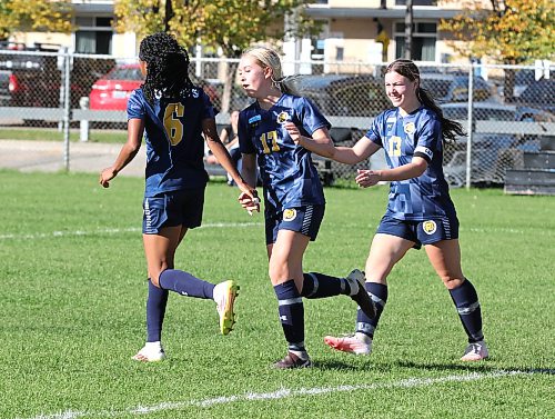 Abby-Jo Wark (17) of the Brandon University Bobcats thanks Keashae Masters (6) for a pass across the net that she knocked in as Jorja Hoad (13) celebrates with them during a game against the Canadian Mennonite University Blazers during Manitoba Colleges Athletic Conference women's soccer action at the Healthy Living Centre pitch on Saturday afternoon. (Perry Bergson/The Brandon Sun)
Oct. 3, 2026