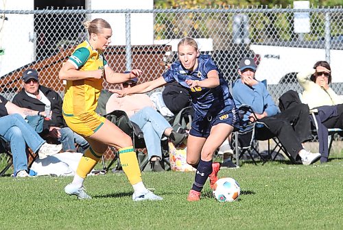 Jordan Woloski (18) of the Brandon University Bobcats sticks out her tongue as she dribbles the ball around Vayda Smith (26) of Canadian Mennonite University Blazers during Manitoba Colleges Athletic Conference women's soccer action at the Healthy Living Centre pitch on Saturday afternoon. (Perry Bergson/The Brandon Sun)
Oct. 3, 2026