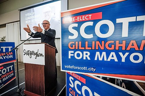 JOHN WOODS / FREE PRESS
Scott Gillingham, mayor of Winnipeg, holds an election rally at the Caboto Centre in Winnipeg, Sunday, October 4, 2026.
reporter: maggie
