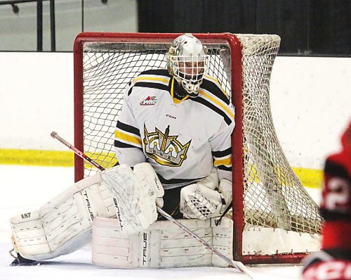 Cooper Dryden guards the post against the Kenora Thistles at J&G Homes Area on Saturday. Through two games, Dryden is statistically one of the best goaltenders in the Manitoba U18 AAA Hockey League (Rowan McCarthy/The Brandon Sun)