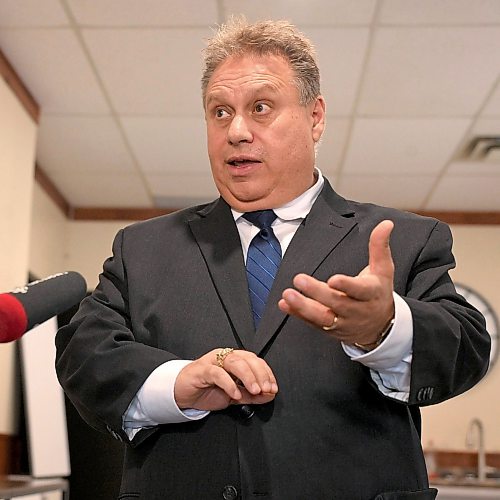 Mike Sudoma / Free Press

Mayoral candidate Mike Vogiatzakis speaks to media Monday regarding mayoral opponent Kevin Klein’s alleged attempt to have him step down from the mayoral race and partner with Klein if elected as mayor. 