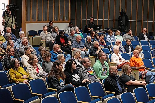 Brandonites listen as Brandon School Division Trustee candidates take part in the School Division Trustee Candidate Forum, hosted by the Brandon Teachers’ Association and CUPE Local 737, at the Evans Theatre at Brandon University on Tuesday evening. 
(Tim Smith/The Brandon Sun)