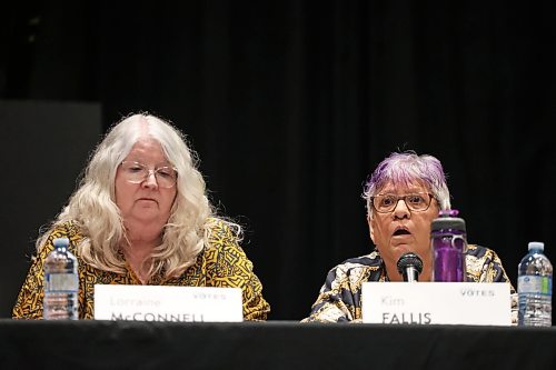 Brandon School Division Trustee candidate Kim Fallis answers a question as the candidates take part in the School Division Trustee Candidate Forum, hosted by the Brandon Teachers’ Association and CUPE Local 737, at the Evans Theatre at Brandon University on Tuesday evening.
(Tim Smith/The Brandon Sun)