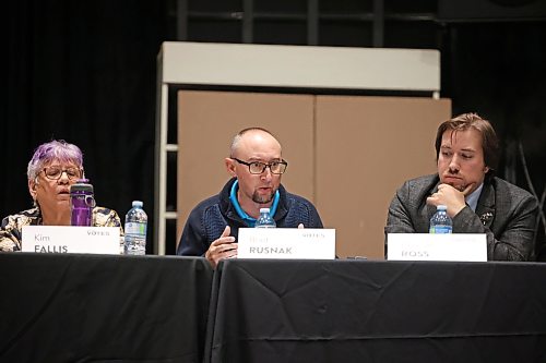 Brandon School Division Trustee candidate Brad Rusnak answers a question as the candidates take part in the School Division Trustee Candidate Forum, hosted by the Brandon Teachers’ Association and CUPE Local 737, at the Evans Theatre at Brandon University on Tuesday evening. 
(Tim Smith/The Brandon Sun)