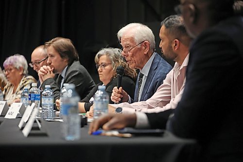 Brandon School Division Trustee candidate Jim McCrae answers a question as the candidates take part in the School Division Trustee Candidate Forum, hosted by the Brandon Teachers’ Association and CUPE Local 737, at the Evans Theatre at Brandon University on Tuesday evening.
(Tim Smith/The Brandon Sun)
