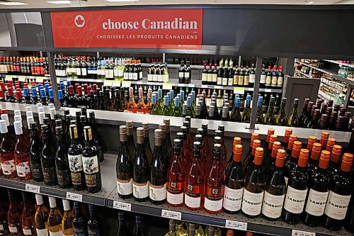 04032025
Canadian wine is advertised at the Brandon South Liquor Mart on Tuesday afternoon. The Manitoba government ordered American products removed from liquor stores Tuesday in response to tariffs imposed by U.S. President Donald Trump. (Tim Smith/The Brandon Sun)
