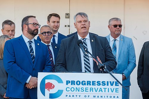 MIKE DEAL / FREE PRESS
Wayne Balcaen (Brandon West), PC Critic for Justice, speaks during the announcement.
Konrad Narth, interim Leader of the PC Party, along with Wayne Balcaen (Brandon West), PC Critic for Justice, and most of the PC MLA’s gather at a boarded up 7-11 at 1871 Main Street to make an announcement about tackling property crime.
Reporter: Nicole Buffie
261007 - Wednesday, October 07, 2026.