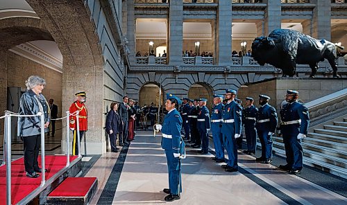 MIKE DEAL / FREE PRESS
Governor General Louise Arbour receives a “Vice-Regal Salute” as she arrives at the Manitoba Legislative Building during her first official visit to Manitoba.
During her visit, she will met with provincial officials, including the Honourable Anita R. Neville, Lieutenant Governor of Manitoba; the Honourable Wab Kinew, Premier of Manitoba; and with Indigenous leaders; Minister Will Goodon, Manitoba Metis Federation; Grand Chief Garrison Settee, Manitoba Keewatinowi Okimakanak; and CEO Gayle Gruben, Manitoba Inuit Association.
Reporter: Chris Kitching
261007 - Wednesday, October 07, 2026.