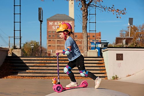 Ophelia Saville scooters in the sun at the Kristopher Campbell Memorial Skate Plaza in Brandon on a warm Wednesday afternoon. (Tim Smith/The Brandon Sun)