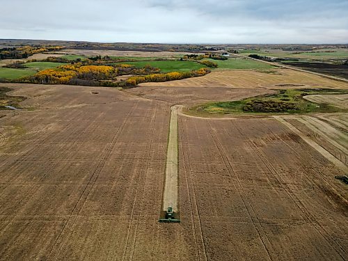 A combine with De Koning Farms harvests canola north of Mountain Road and west of Highway 5 on a grey Thursday. The farm has approximately three days of canola harvest left and roughly two days of bean harvest.
(Tim Smith/The Brandon Sun)