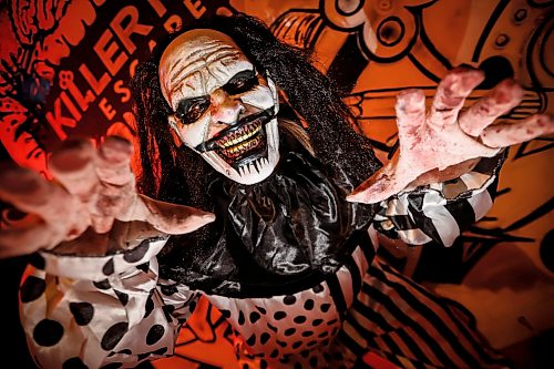 JOHN WOODS / FREE PRESS
Jen Zoratti, prepares backstage for her horror acting at Killer Noob Escapes Tuesday, October 6, 2026. Zoratti dressed as an evil clown and scared people taking part in an escape room.

reporter: jen
