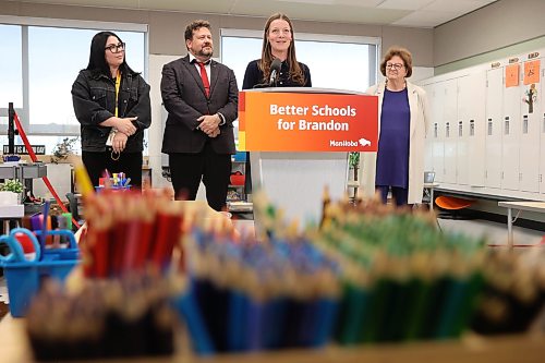 Education Minister Tracy Schmidt speaks during a press conference at Maryland Park School to announce the opening of the school expansion on Friday. The expansion increases the school capacity to 900 and adds 14 classrooms, including a new science room. (Tim Smith/The Brandon Sun)